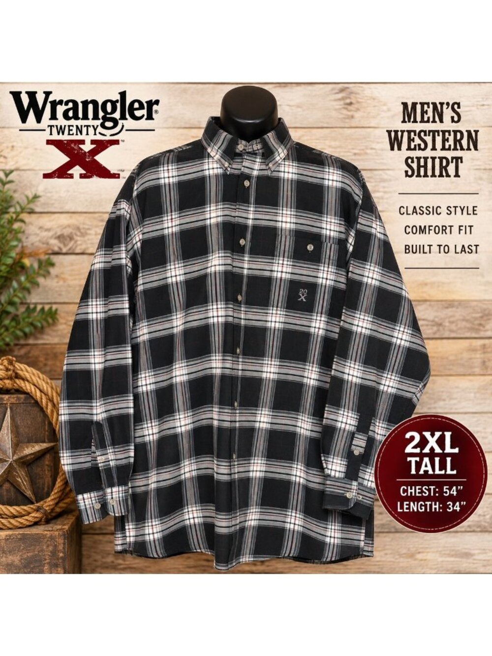 Vintage Wrangler Twenty X 20X Mens 2XLT Plaid Western Shirt Cowboy Button Down